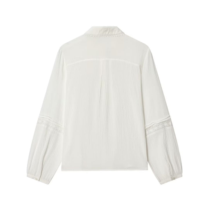 Damen Bluse mit zarter Spitzenapplikation, verdeckter Knopfleiste und Ballonärmeln Echo Archiv