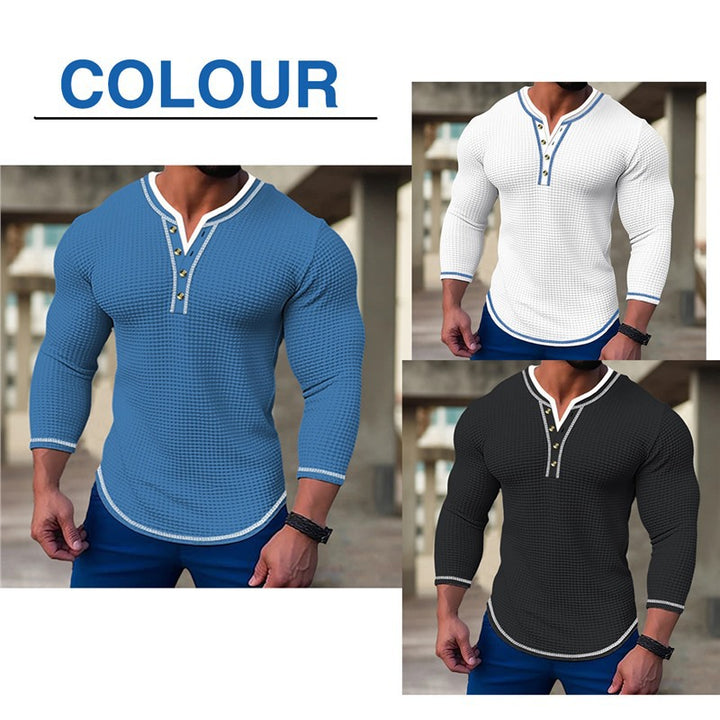 Herren modisches Langarm-Henley-Shirt mit strukturiertem Design und Knopfleiste Echoarchiv