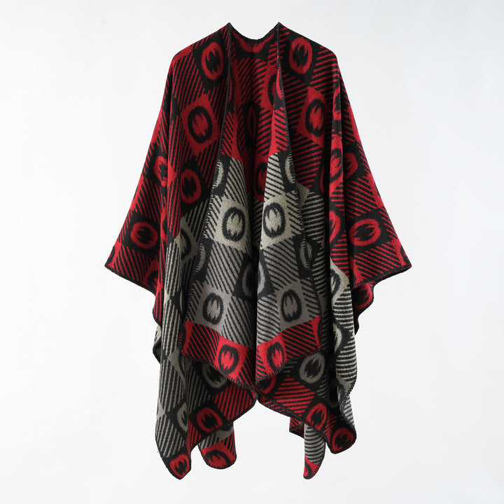Damen Jacquard-Wickelponcho aus feinem Strick mit grafischem Kreis-Jacquard und offener Kimono-Silhouette – Veloura