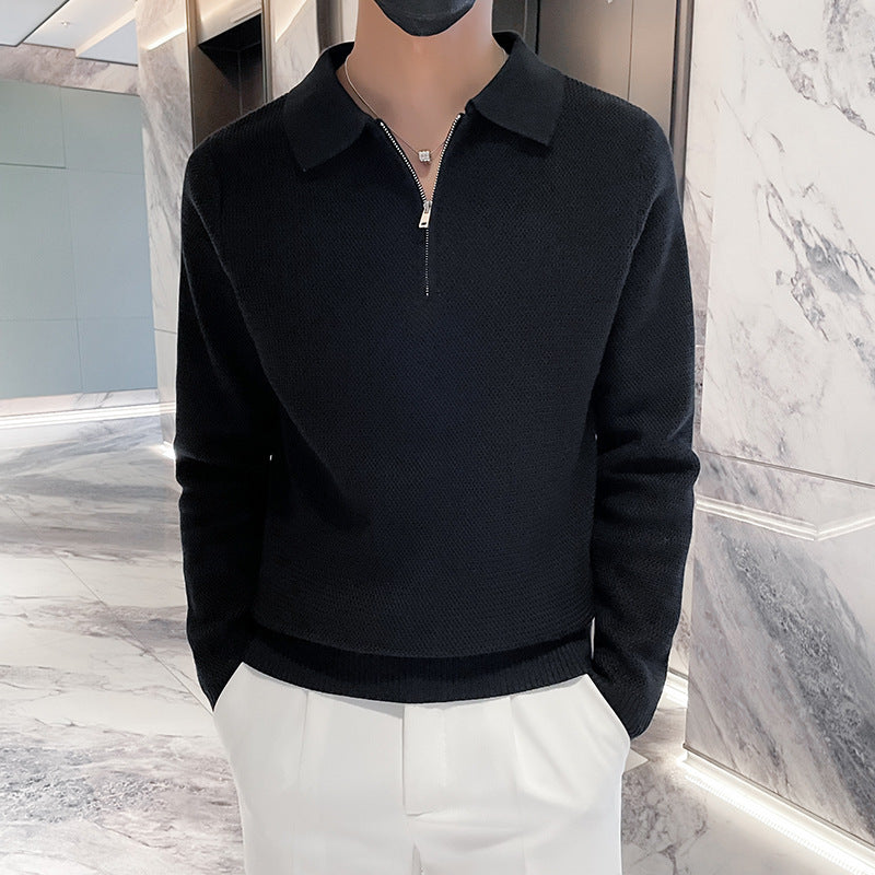 Herren Strukturierter Halbzip-Strickpolopullover mit Reißverschlusskragen Echoarchiv
