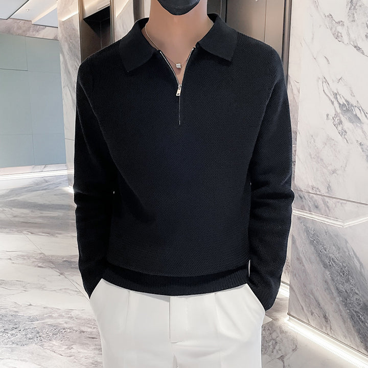 Herren Strukturierter Halbzip-Strickpolopullover mit Reißverschlusskragen Echoarchiv