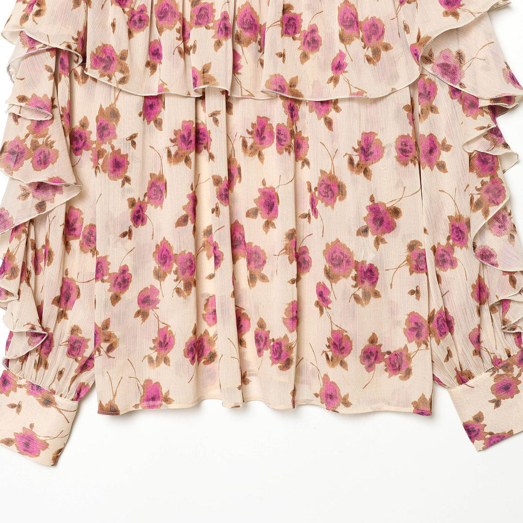 Damen zarte Volantbluse mit Stehkragen, mehrlagigen Rüschenstufen und floralem Chiffon – Élovi