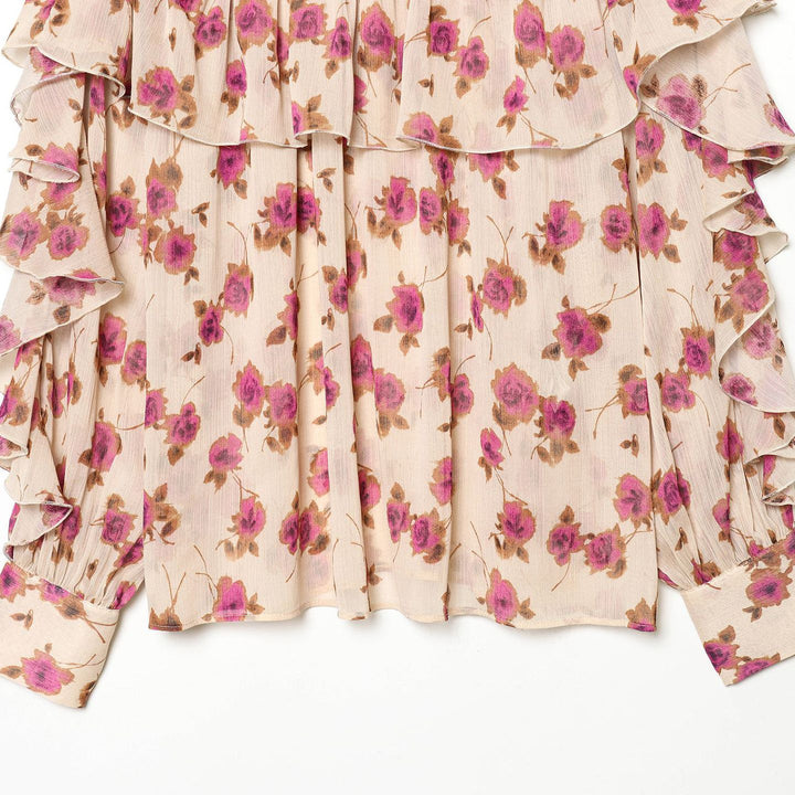 Damen zarte Volantbluse mit Stehkragen, mehrlagigen Rüschenstufen und floralem Chiffon – Élovi