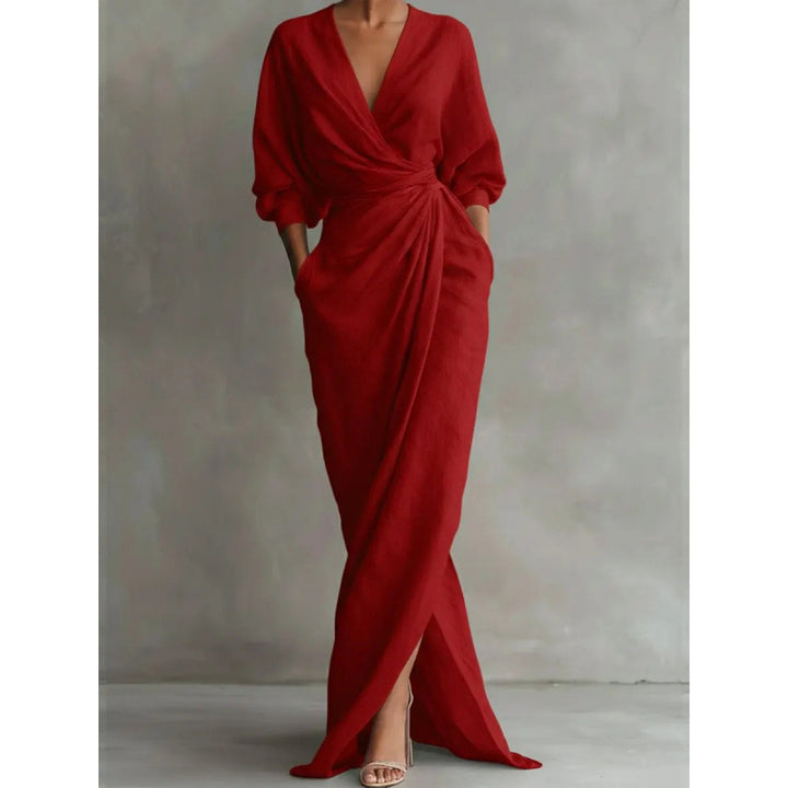 Damen Drapiertes Wickel-Maxikleid mit tiefem V-Ausschnitt, Taillen-Twist und Eingrifftaschen – Valéora