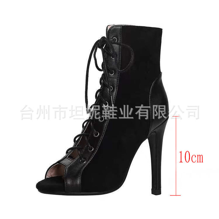 Damen Offene-Zehen Schnürstiefelette mit Wildleder-Optik und Stiletto-Absatz – Lioré
