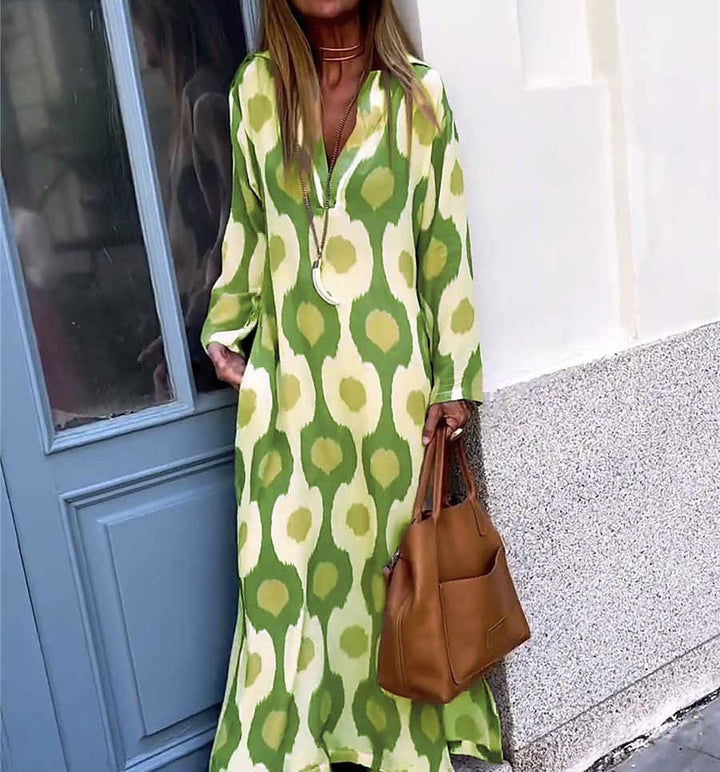 Damen Langes Boho-Maxikleid mit V-Ausschnitt, lockerem Schnitt und auffälligem Allover-Print – Valéora