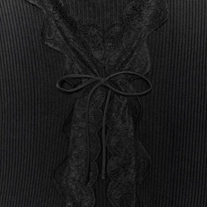 Damen Geripptes Cropped-Langarmtop mit Spitzen-V-Ausschnitt und Bindeband Echoarchiv