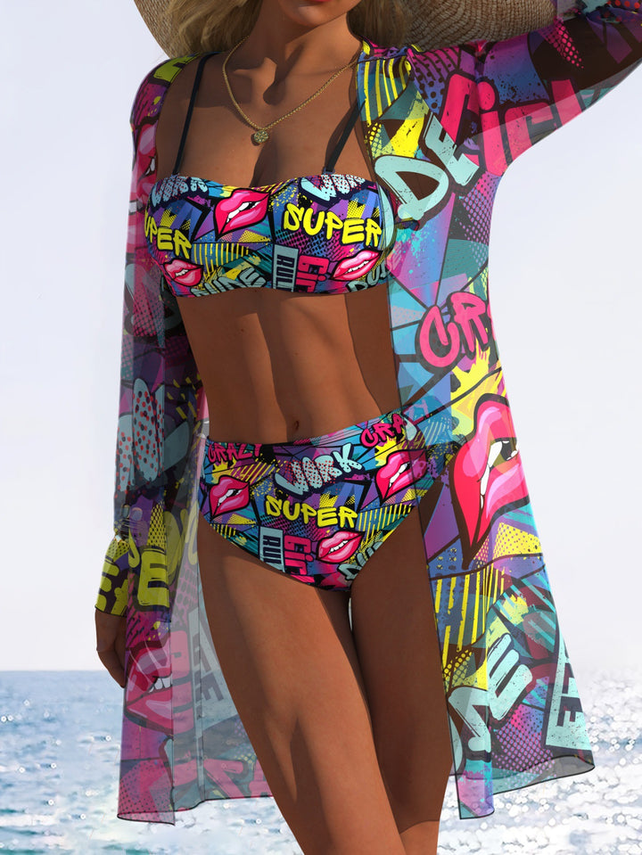 Damen Bikini-Set mit floralem Design und transparenter Strandjacke Echo Archiv