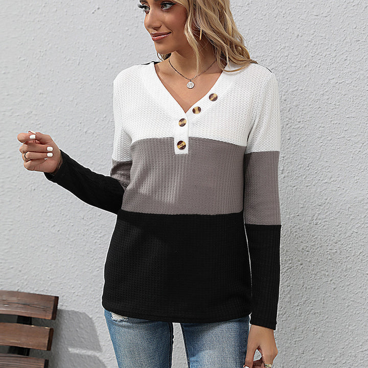 Damen Waffelstrick-Longsleeve mit V-Ausschnitt und Henley-Knopfleiste Echoarchiv