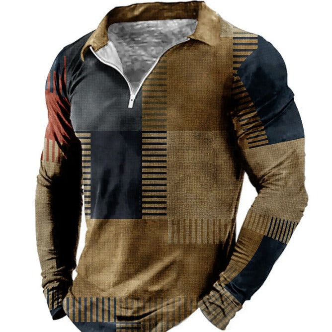 Herren Langarm Polohemd mit modischem Patchwork-Design und funktionalem Reißverschluss Echoarchiv
