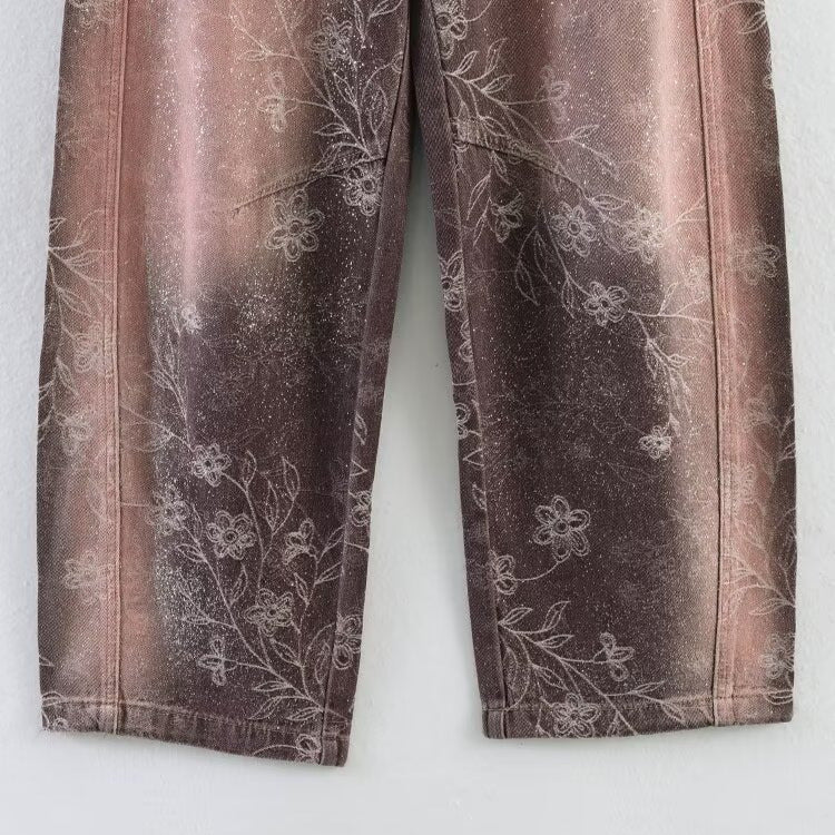 Damen Weite High‑Waist‑Jeans mit floralem Allover‑Print und Used‑Farbverlauf Echoarchiv