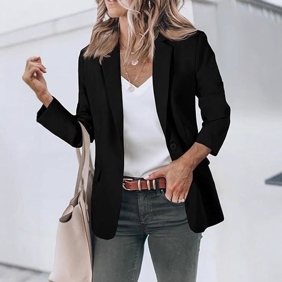Damen Leichter Stretch-Blazer mit Schalkragen, Ein-Knopf-Verschluss und dreiviertelärmeln – Valéne