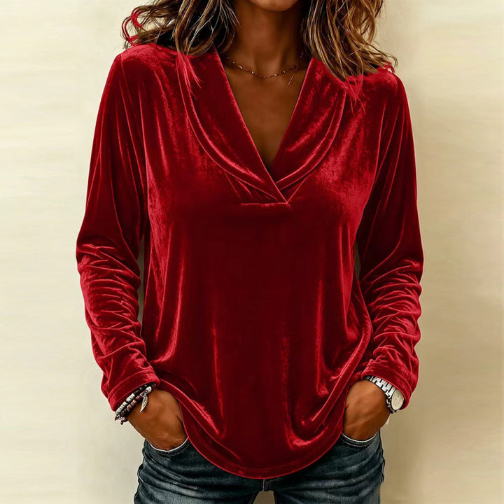 Damen Samt-Longsleeve mit Schalkragen und V-Ausschnitt Echoarchiv