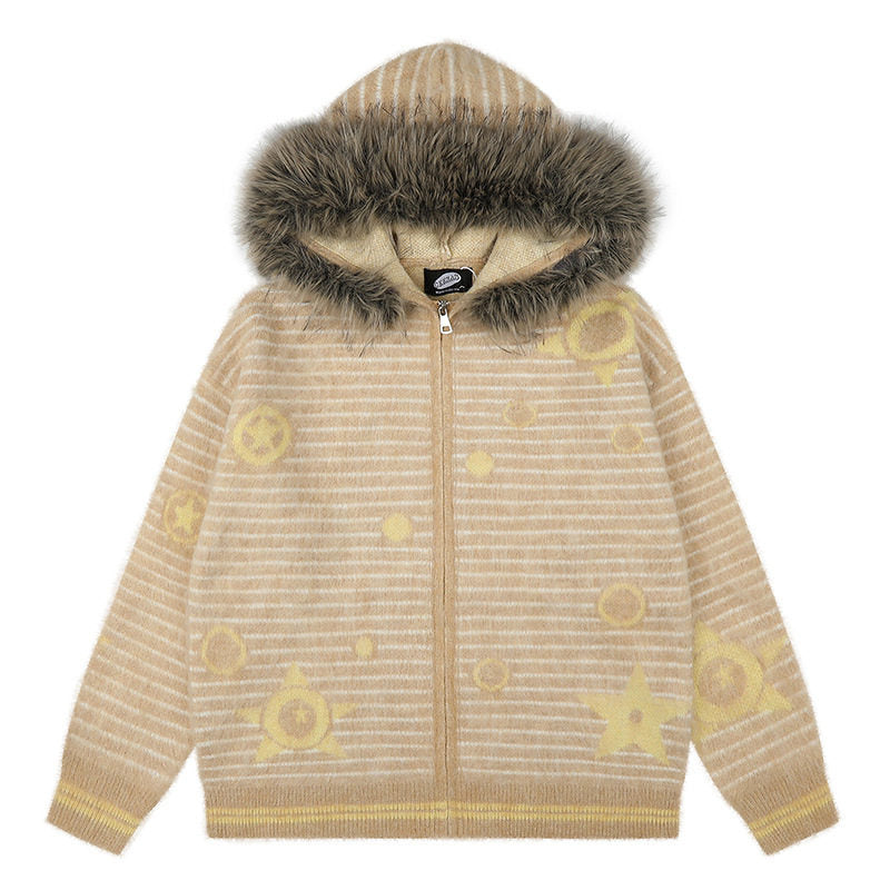 Damen Kapuzen-Strickjacke mit Fellbesatz, gestreifter Mohair‑Optik und Sternapplikationen Echoarchiv