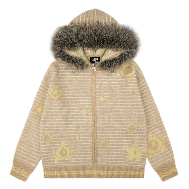 Damen Kapuzen-Strickjacke mit Fellbesatz, gestreifter Mohair‑Optik und Sternapplikationen Echoarchiv