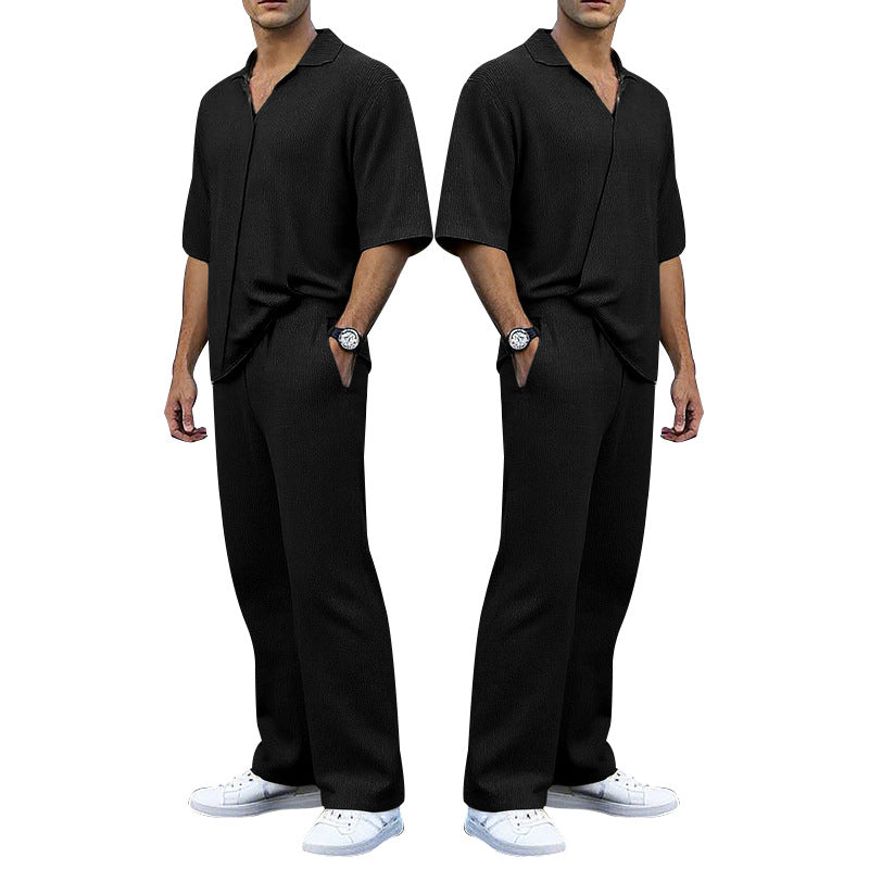 Herren lässiges Strickanzug-Set mit Polohemd und weitem Bein Echoarchiv