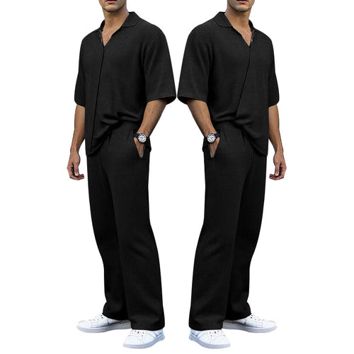 Herren lässiges Strickanzug-Set mit Polohemd und weitem Bein Echoarchiv