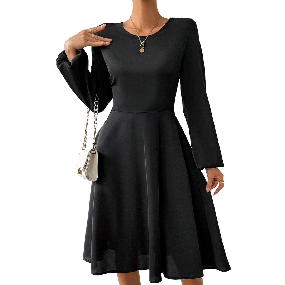 Damen elegantes Midikleid mit taillierter Korsagenoptik ausgestelltem A-Linien-Rock und langen ausgestellten Ärmeln – Élara