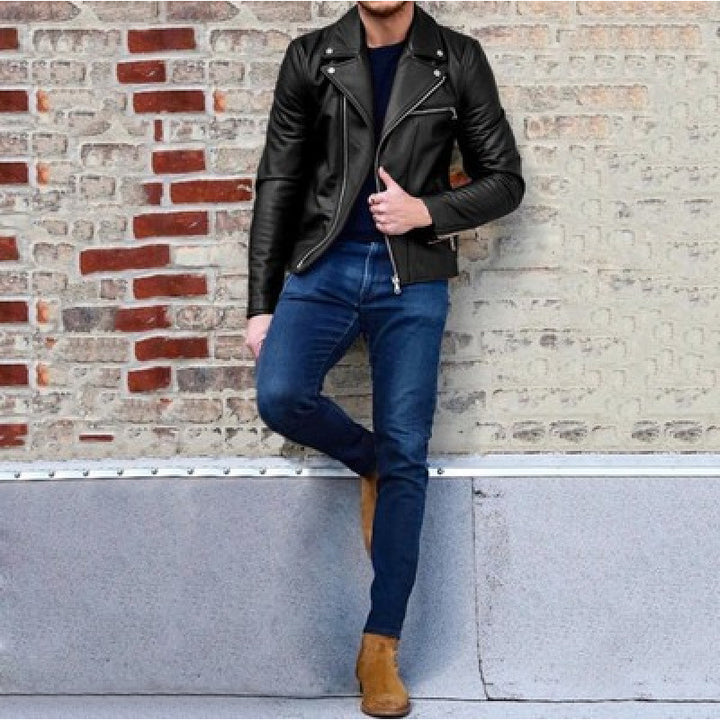 Herren Biker-Lederjacke mit asymmetrischem Reißverschluss und stylischen Nieten Echoarchiv