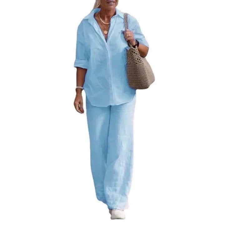 Damen Leichtes Leinen-Loungewear-Set mit offenem Hemdkragen und weiter Palazzohose Echoarchiv