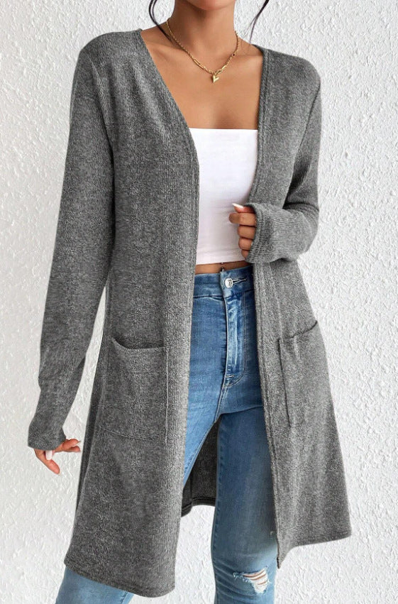 Damen offener Longcardigan mit aufgesetzten Taschen und weichem Feinstrick – Veloura
