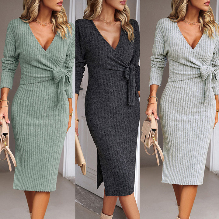 Damen figurbetontes Wickelkleid mit eleganter Taillierung und Trompetenärmeln Echoarchiv