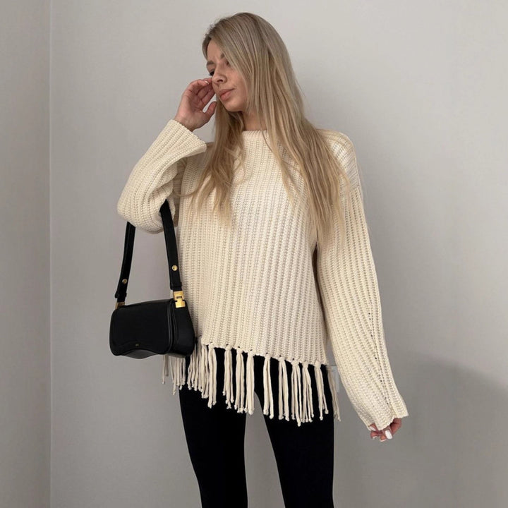 Damen lässiger Rippstrick-Pullover mit Fransen-Saum und Oversize-Silhouette – Mavelle