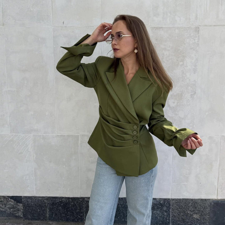Damen Tailliertes Blazer-Set mit asymmetrischem Knopfverschluss und relaxter Bundfaltenhose Echoarchiv