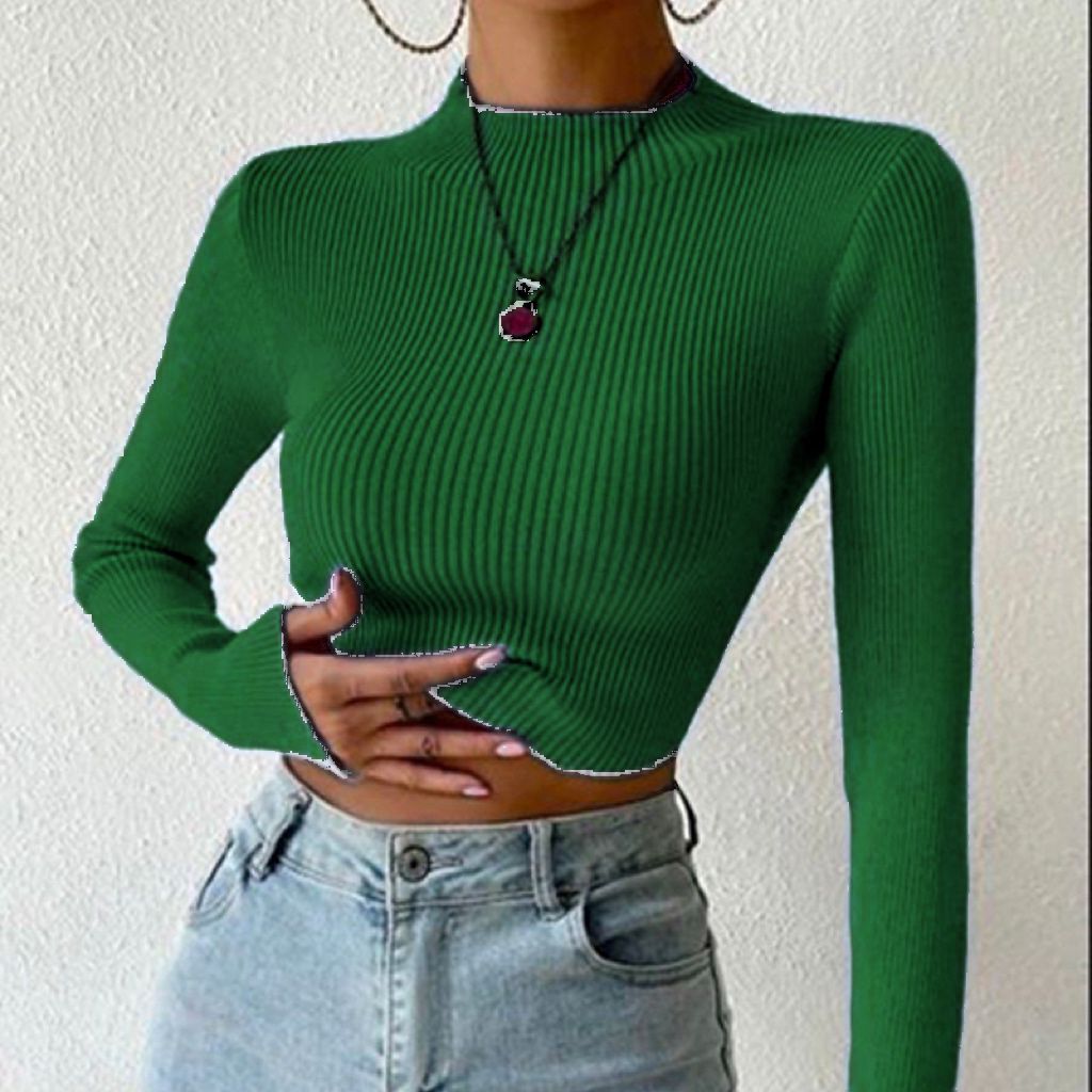 Damen Gerippter Cropped Feinstrickpullover mit Stehkragen – Mavelle