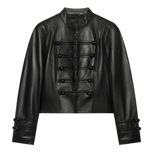 Damen Cropped Kunstlederjacke im Mandarin Militärestik mit Zierkordeln und Stehkragen Echo Archiv
