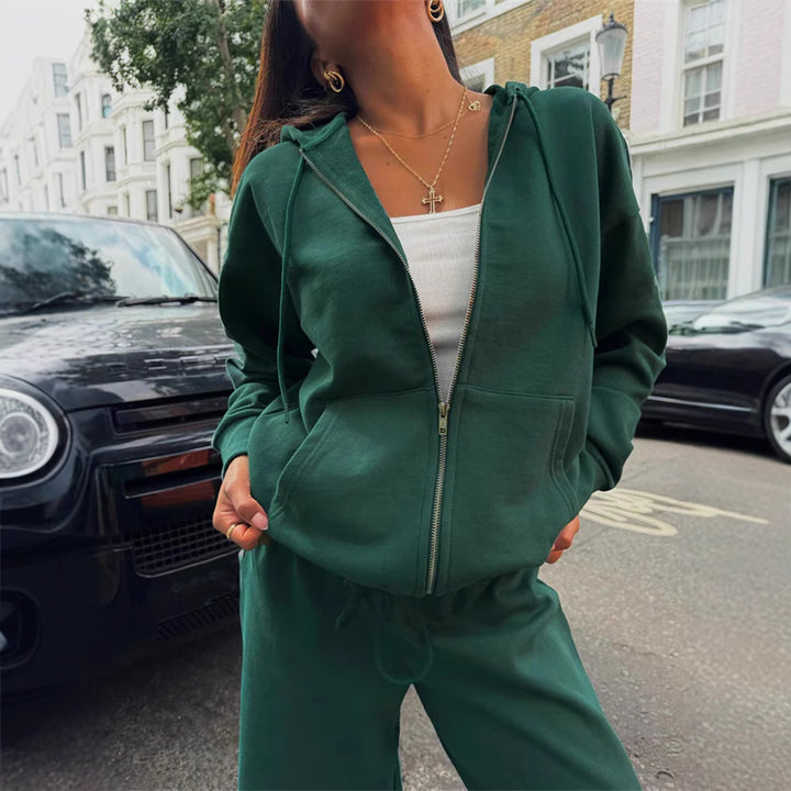 Damen gekürztes Kapuzen-Sweatshirt mit Oversize-Ärmeln und high-waist Wide-Leg Freizeithose – Auréline