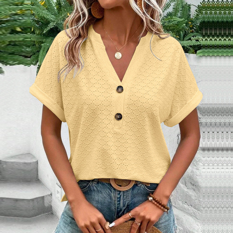 Damen Luftiges Kurzarm-Oberteil mit strukturiertem Design und Knopfdetails Echo Archiv