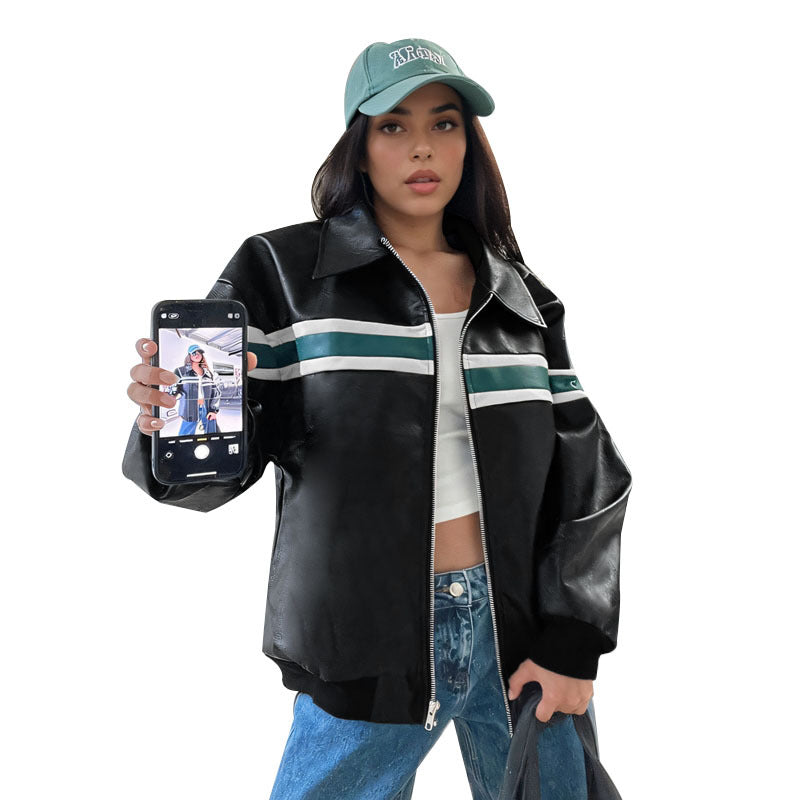 Damen Kunstleder-Bomberjacke mit Retro-Streifen und durchgehendem Reißverschluss – Avérine