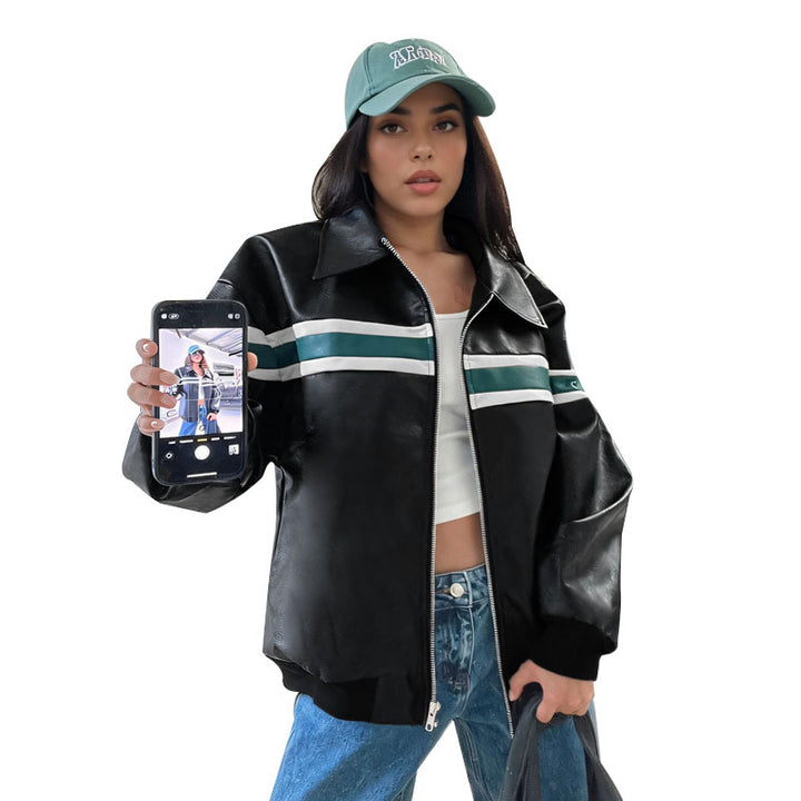 Damen Kunstleder-Bomberjacke mit Retro-Streifen und durchgehendem Reißverschluss – Avérine