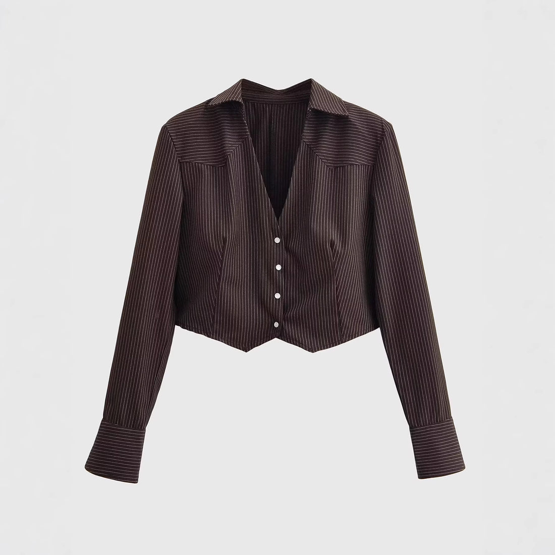 Damen Taillierte Cropped-Hemdbluse im Nadelstreifen mit tiefem V-Ausschnitt Echoarchiv