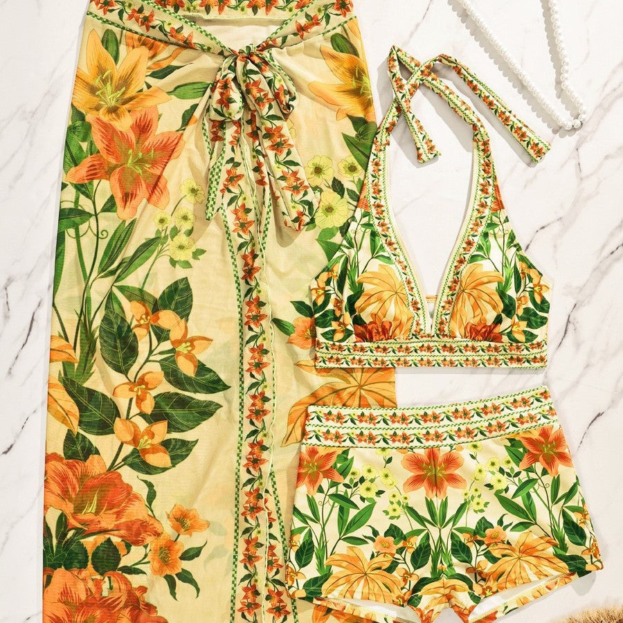 Damen Bikiniset mit floralem langen Überwurf Echo Archiv