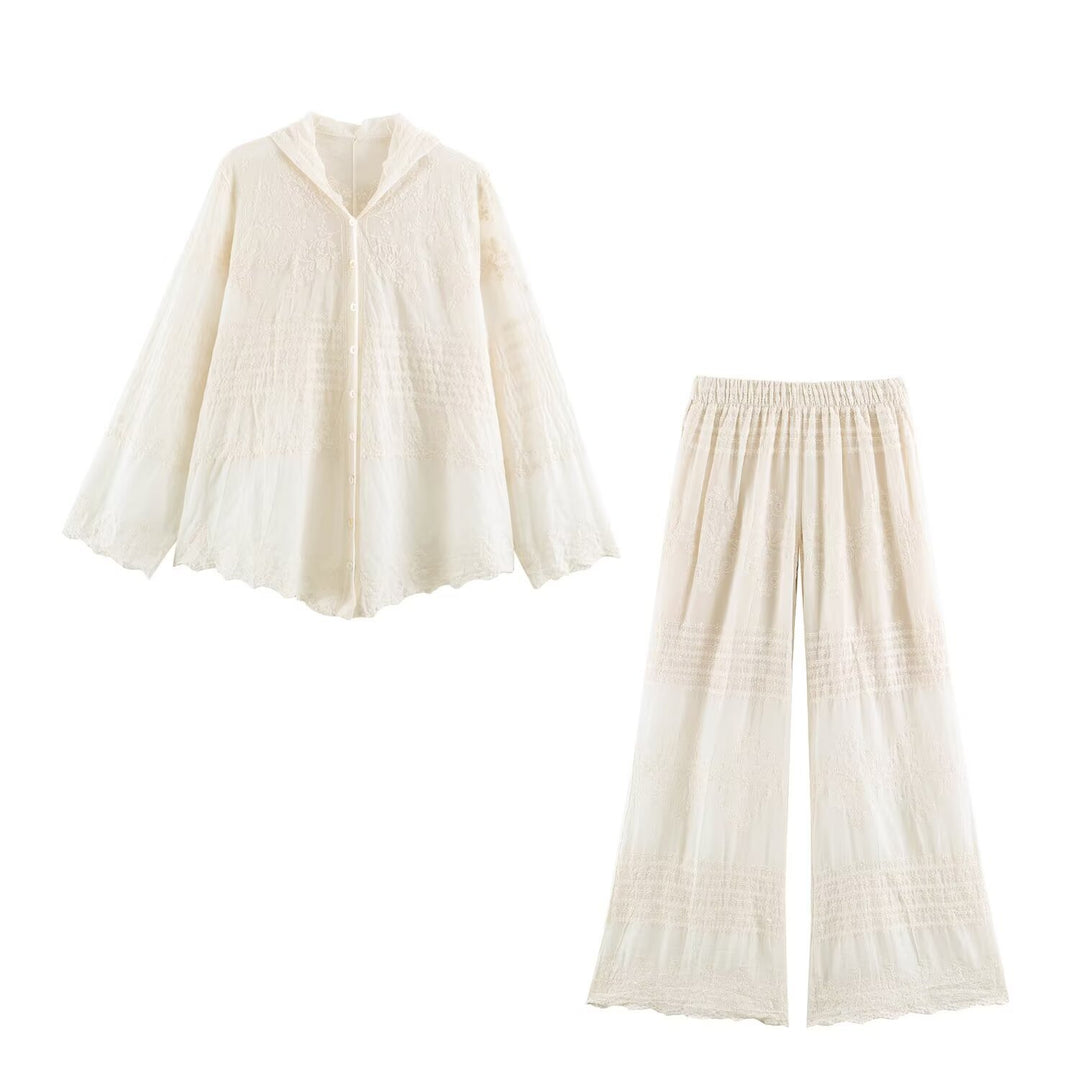 Damen Zweiteiliges Boho-Spitzen-Set mit bestickter Kapuzenbluse und weiter Plissee-Hose Echoarchiv