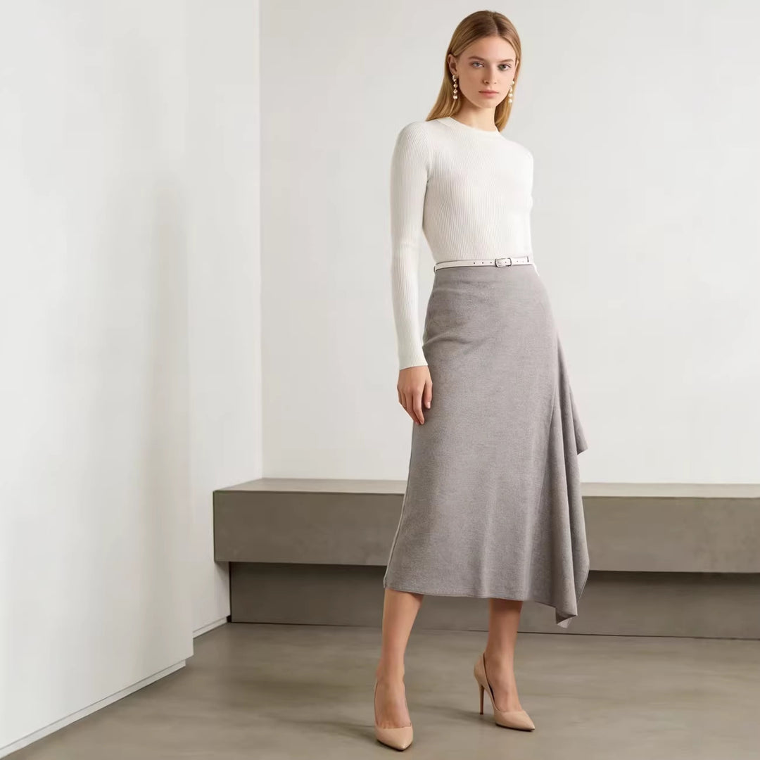 Damen Asymmetrischer Midirock aus Feinstrick mit drapiertem Seitenschlitz Echo Archiv