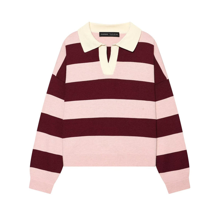 Damen Oversize Rugby-Pullover mit Polokragen und breiten Blockstreifen Echoarchiv