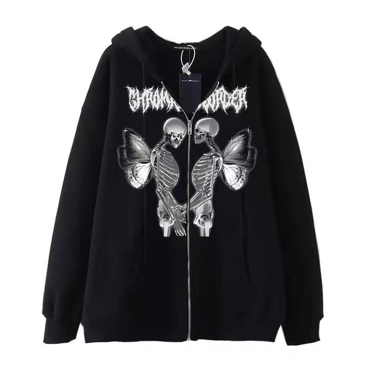 Damen Kapuzenjacke mit durchgehendem Reißverschluss und Rippenherz-Print – Auréline
