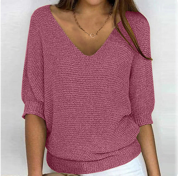 Damen nan lässiger Strickpullover mit V-Ausschnitt und Fledermausärmeln Echo Archiv