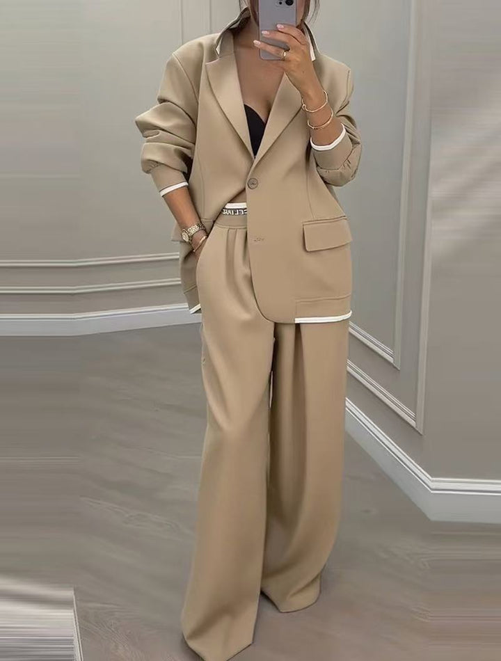 Damen Oversize-Tailoring-Set mit Kontrastpaspel, Single-Button-Blazer und hochgeschnittener Weitbeinhose – Valéne