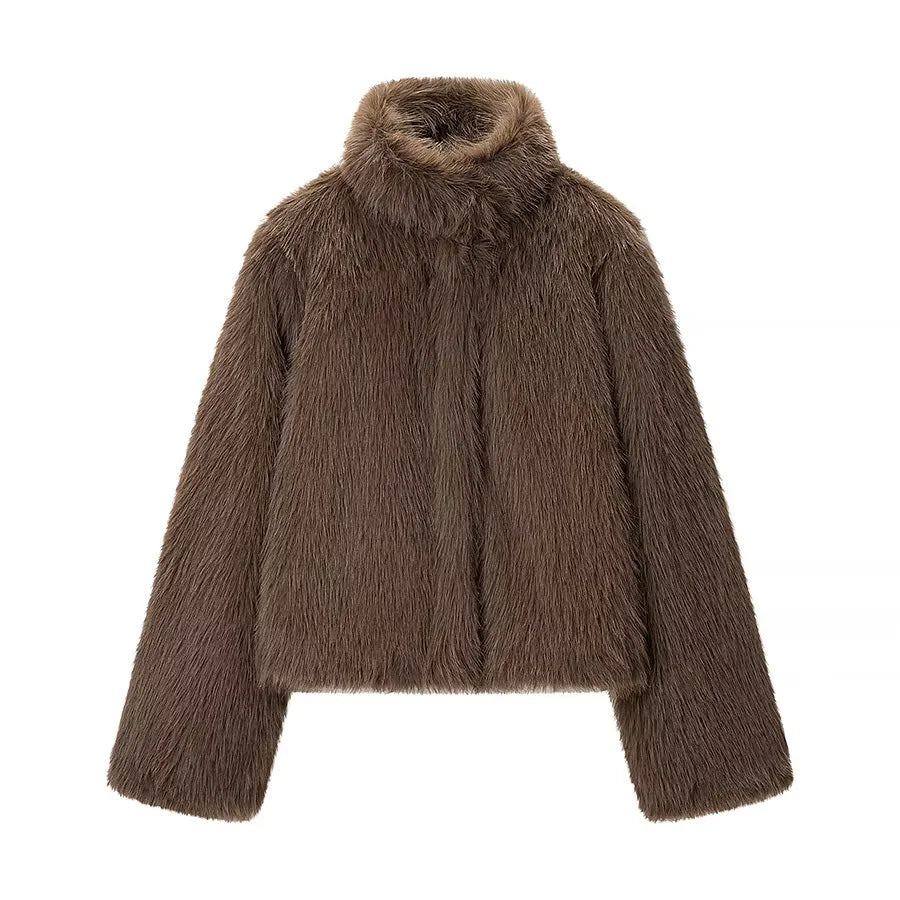 Damen kurzem veganer Kunstfell-Croppedjacke mit hohem Stehkragen und verdeckter Front – Célinea
