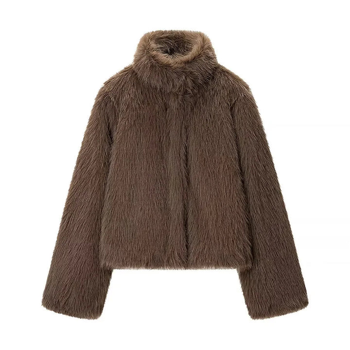 Damen kurzem veganer Kunstfell-Croppedjacke mit hohem Stehkragen und verdeckter Front – Célinea
