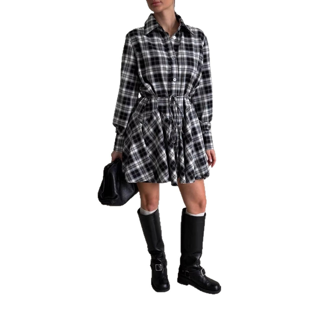 Damen Kariertes Hemdblusen-Minikleid mit ausgestellter Volant-Taille Echoarchiv