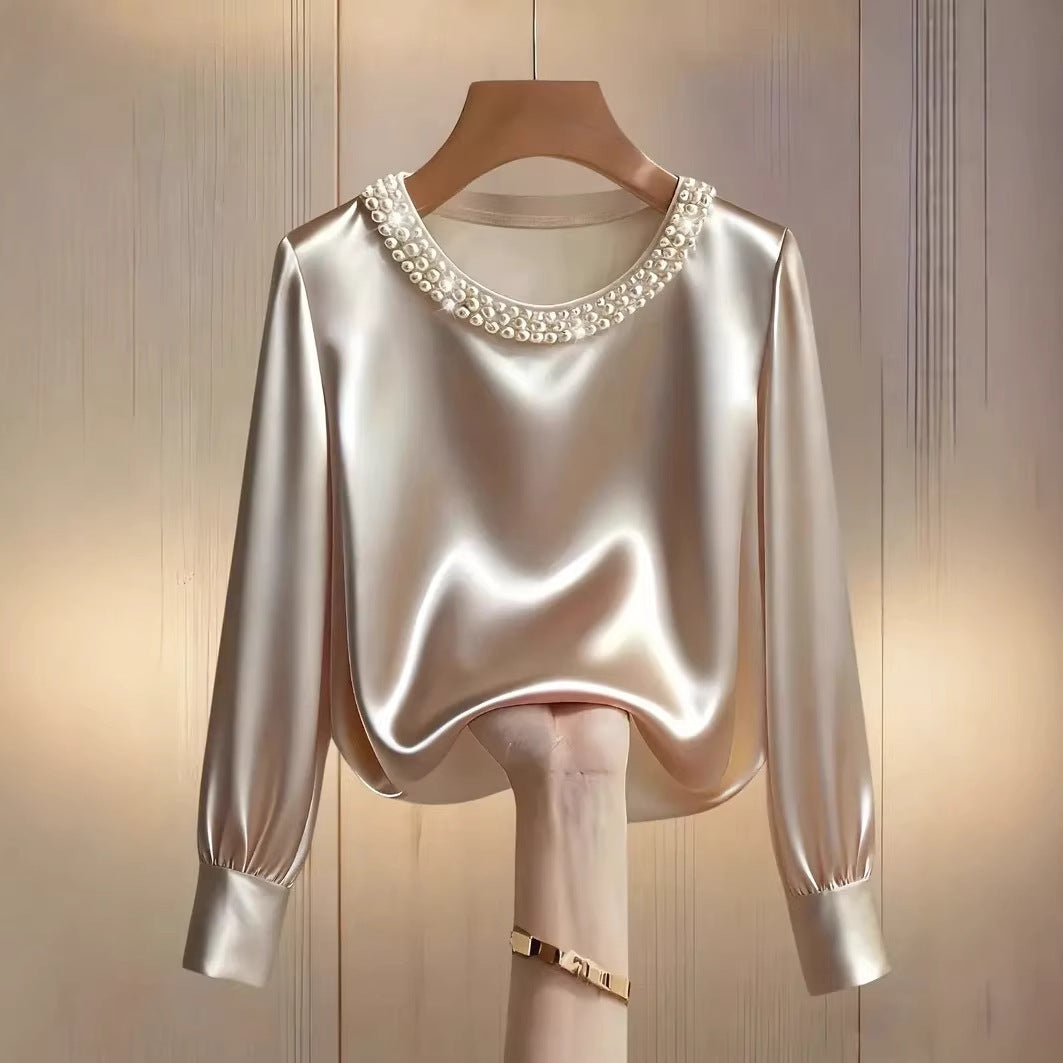 Damen elegante satinierte Bluse mit Perlenkragen Echo Archiv