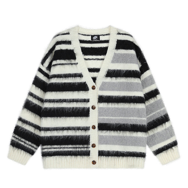 Damen Oversize-Strickjacke mit V‑Ausschnitt, kuscheliger Mohair‑Optik und gestreiftem Muster Echoarchiv