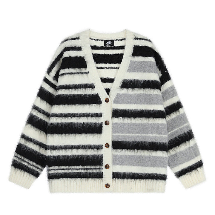 Damen Oversize-Strickjacke mit V‑Ausschnitt, kuscheliger Mohair‑Optik und gestreiftem Muster Echoarchiv