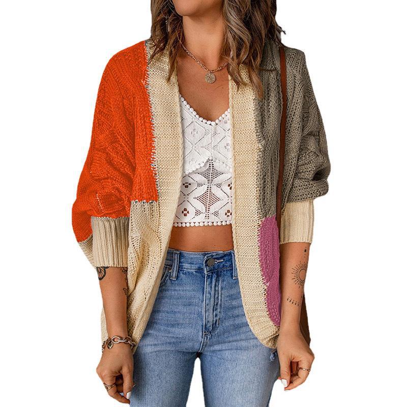 Damen nan lässige Strickjacke im Patchwork-Stil mit offener Front und 3/4-Ärmeln Echo Archiv
