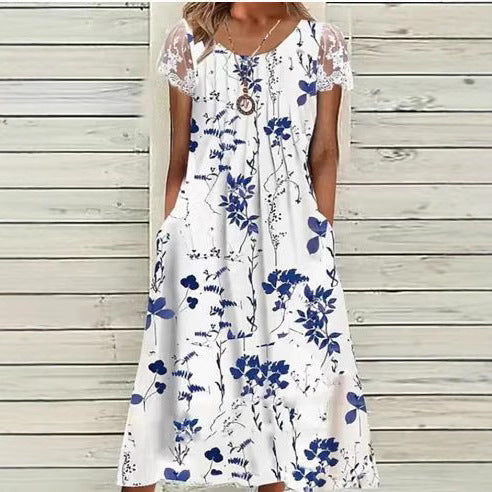 Damen nan luftiges A-Linien-Midikleid mit Spitzenärmeln, Eingrifftaschen und Rundhalsausschnitt Echo Archiv